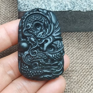 Dark Jade Pendant Ancient Chinese Culture Carved Dragon play Pearl 龙戏珠