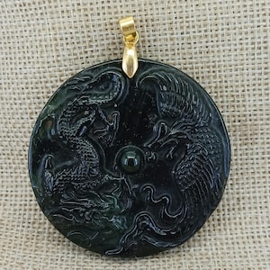 Archaistic Design Dark Jade Pendant Ancient China Culture Carving Chinese Dragon Phoenix 龙凤呈祥 in extremely good fortune