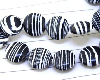 Charm Coin White Black malachite Jasper Gemstone Beads--- 12mm----about 35Pieces----15" in length