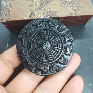 Archaistic Design  Dark Jade Pendant Ancient China Culture Carving Chinese zodiac Bagua