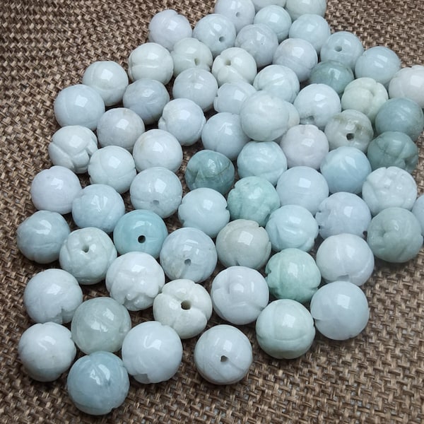 BULK 6 Natural Jadeite Round Beads Carved Ball Beads 10mm diy Necklace Bracelet Burma Jade Beads Traditional design Grade A