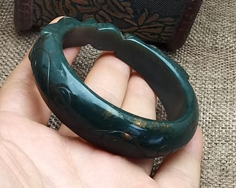 Green Jade Bangle Gemstone Bracelet Bangle Carved Dragon playing with Pearl 52 mm