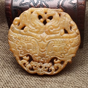 Archaistic Style Design Yellow Jade Pendant Carved Beast Head with Double Phoenix Jade Amulet