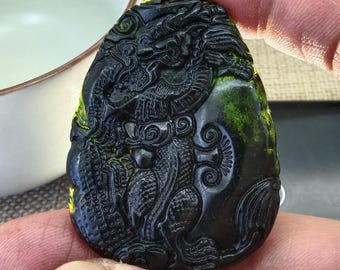 Natural Dark Green Jade Pendant Carved Chinese Dragon Jade Amulet Diy Necklace