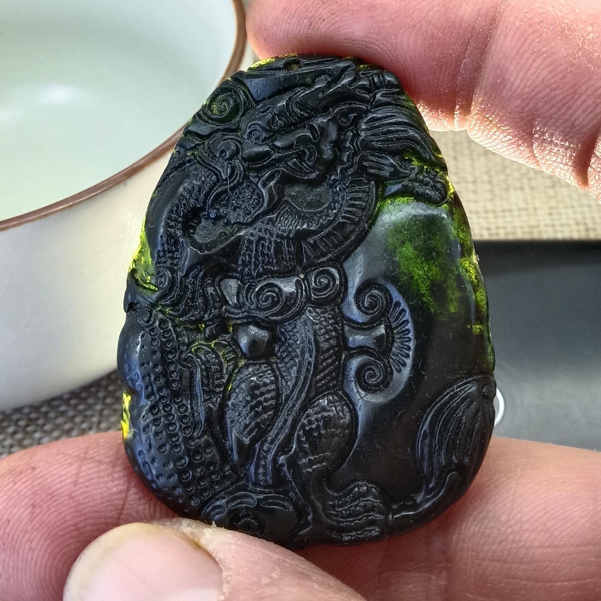 Natural Dark Green Jade Pendant Carved Chinese Dragon Jade Amulet