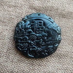 Natural Dark Green Jade Pendant Dragon 福 Phoenix 喜 Untreated Jade Amulet diy Necklace