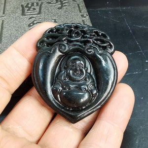 Archaistic Design  Dark Green Jade Pendant Ancient China Culture Carving Maitreya Laughing Buddha
