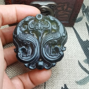 Natural Dark Green Jade Pendant Carved Double Phoenix 双凤佩 Blessing Amulet diy Necklace