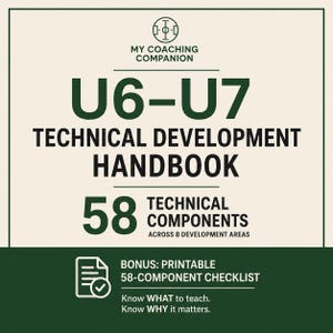 May include: A cream-colored handbook titled My Coaching Companion U6-U7 Technical Development Handbook. It features 58 technical components across 8 development areas, a bonus printable 58-component checklist, and the text Know WHAT to teach. Know WHY it matters.