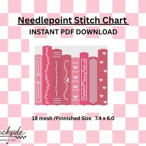 May include: A needlepoint stitch chart digital PDF download featuring a row of seven pink book spines with various white geometric and heart patterns. The text reads Needlepoint Stitch Chart, INSTANT PDF DOWNLOAD, 18 mesh /Finished Size 7.4 x 6.0.