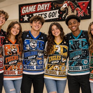 May include: Six short-sleeved V-neck jerseys featuring various school mascot graphics, including mustangs, tigers, bulldogs, eagles, panthers, and gators. Each jersey displays the text School Name and Let's Go, with vibrant color schemes and star patterns.