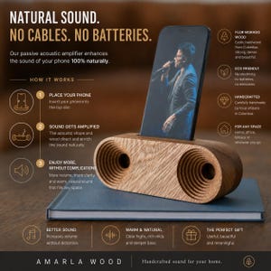 Può includere: Un amplificatore acustico passivo in legno marrone chiaro con forma ovale orizzontale e due aperture circolari. Uno smartphone è inserito nella fessura superiore e mostra una persona che canta. Il testo include NATURAL SOUND. NO CABLES. NO BATTERIES.