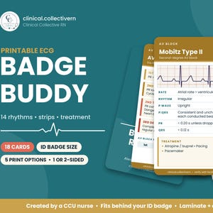 ECG Badge Buddy Printable | 14 ekg Rhythms Reference Cards for ID Badge | Nursing Student, Telemetry, ICU Nurse Cheat Sheet pdf