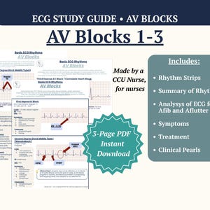 AV Blocks ECG Study Guide First Second & Third Degree Heart Block Nursing Cheat Sheet ECG Printable and Digital A4 pdf Cardiac Nursing