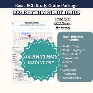 Könnte beinhalten: Ein grundlegendes EKG-Lernpaket mit 14 Rhythmen als sofortiger PDF-Download. Das Dokument enthält einen EKG-Streifen für ventrikuläre Tachykardie, klinische Symptome und Behandlungsprotokolle. Ein türkisfarbener Stern hebt den Text 14 Rhythms hervor.