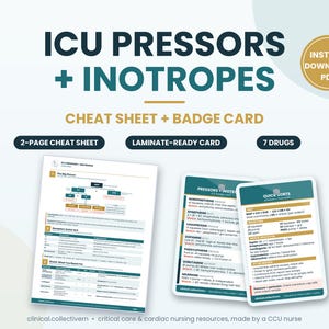 May include: A digital educational resource titled ICU PRESSORS + INOTROPES, featuring a two-page cheat sheet and a laminate-ready badge card. The documents contain medical information on seven drugs, including tables, flowcharts, and quick reference guides.