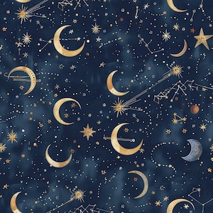 May include: A dark navy blue fabric pattern featuring a celestial design with gold-coloured crescent moons, various star shapes, and thin white lines forming constellations scattered across the surface in a repeating, dense cosmic arrangement.