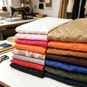 Può includere: Una pila di tessuti trapuntati piegati in vari colori, tra cui bianco, rosa, magenta, arancione, beige fantasia, grigio, rosso, nero, marrone chiaro, marrone, blu, verde oliva e blu scuro. Ogni pezzo presenta un motivo a cuciture a rombi.