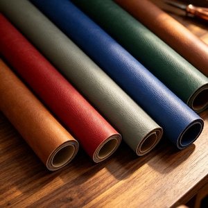 Pode incluir: Uma coleção de seis folhas enroladas de material texturizado em várias cores, incluindo castanho-claro, vermelho, cinzento-claro, azul, verde-escuro e castanho. Cada rolo apresenta um padrão de grão consistente e uma borda arredondada.