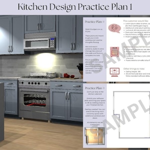 Puede incluir: Un plan de práctica de diseño de cocina digital que presenta una representación de gabinetes azules, un horno de acero inoxidable y un microondas. El documento incluye el texto Kitchen Design Practice Plan 1, Practice Plan y diagramas de planta.