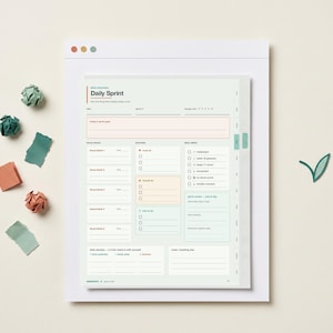 Peut inclure: Une page de planificateur numérique intitulée Daily Sprint avec des sections pour les blocs de concentration, les priorités et les habitudes quotidiennes. La mise en page inclut des cases à cocher, des lignes pour les notes et une palette de couleurs douces vert, pêche et blanc. Des morceaux de papier entourent la page.