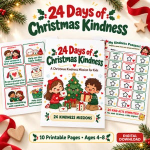 Puede incluir: Un conjunto de actividades 24 Days of Christmas Kindness que incluye una portada con un árbol decorado y dos niños, una página de tarjetas de misión con seis tareas ilustradas y un pasaporte de bondad con veinticuatro estrellas.
