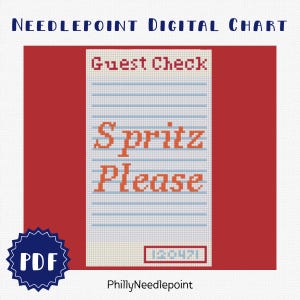 Könnte beinhalten: Eine digitale Stickvorlage mit einem weißen Gästebon-Design und hellblauen horizontalen Linien. Der Text lautet Guest Check, Spritz Please und die Nummer 120471 in einem roten Kasten. Ein dunkelblaues rundes Abzeichen mit dem weißen Text PDF ist enthalten.