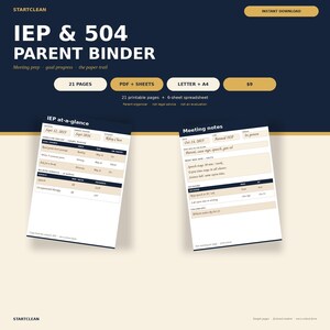 Könnte beinhalten: Ein digitaler IEP und 504 Elternordner mit 21 druckbaren Seiten und einer 6-seitigen Tabelle. Das Layout enthält Abschnitte für IEP-Übersichten und Besprechungsnotizen mit Feldern für Daten, Ziele, Dienstleistungen und Besprechungsdetails.