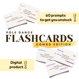 Op de afbeelding: Pole dance flashcards combo edition digitaal product met 60 prompts om je uit een creatieve dip te helpen. De set bevat witte kaarten met zwarte tekst, waaronder titels zoals Change, Play, Limits, Build en Connect, met instructies en social media.