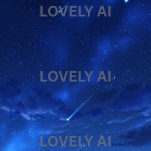 May include: A deep blue night sky filled with numerous bright stars and multiple shooting stars streaking across the atmosphere. The text LOVELY AI is printed in a light, semi-transparent font three times across the center of the image.