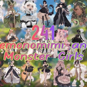 May include: A digital collection of 241 Kemonomimi and Monster Girls illustrations featuring various characters with animal ears, horns, wings, and tails in diverse outfits, set against a blurred background with the text 241 Kemonomimi and Monster Girls.