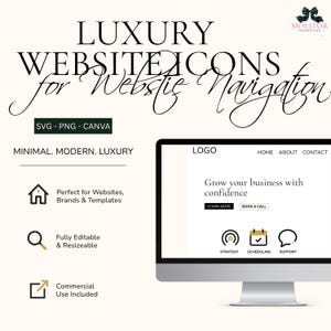 May include: A digital graphic display featuring the text LUXURY WEBSITE ICONS for Website Navigation, SVG - PNG - CANVA, and MINIMAL. MODERN. LUXURY. A computer monitor shows a website layout with icons for Strategy, Scheduling, and Support.