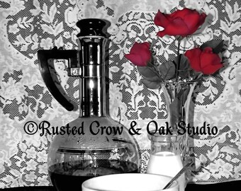 Black & White Coffee w Red Rose Still life Kitchen Bistro Art Matted Picture Photo A229