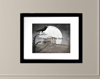 Surreal Crow Tree House Moon Black White Brown Home Decor Picture Photographic Art A604