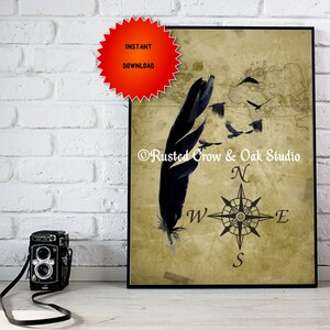 Krähe Feder Vogel Karte Kompass Rose Coastal Beach Haus Kunst Digital Download A677