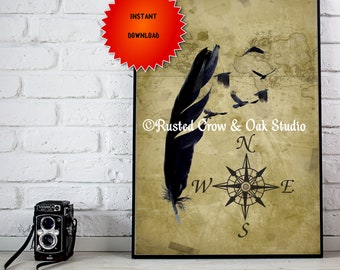 Crow Feather Bird Map Compass Rose Coastal Beach House Art Digital Download A677