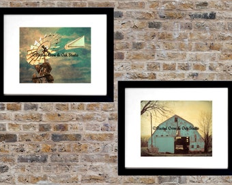Set of 2 Art Prints Rustic Country Teal Barn Windmill Matted Picture A209