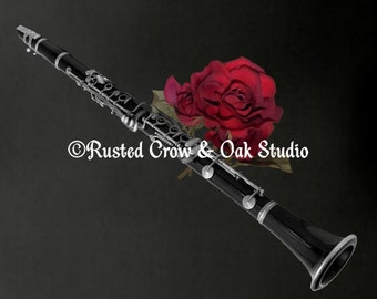 Black White Clarinet Red Rose Musical Instrument Wall Art Matted Picture A506
