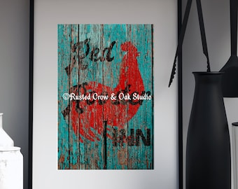 Rustic Red Rooster Inn Teal Country Decor Kitchen Cafe Art Matted Picture A644