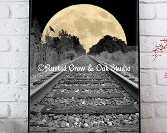 Black White Railroad Tracks Cream Moon Crow Bird Home Decor Picture Photo A256