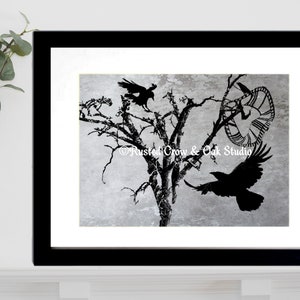 Clock Face Tree Crow Bird Steampunk Art Gothic Home Decor Matted Picture A534