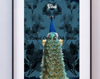 Blue Peacock Bird Pair Cottage Chic Modern Farmhouse Home Decor Wall Art Matted Picture A033