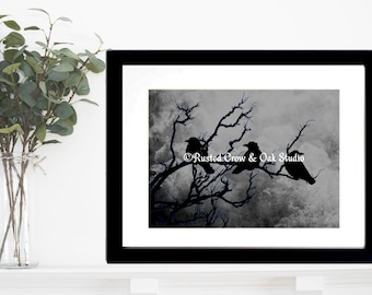 Crow Birds Raven on Branch Stormy Sky Home Decor Wall Art Matted Picture A526