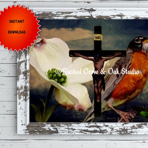 Legend of the Dogwood - Easter Robin Crucifix Religious Art Digital Download A510