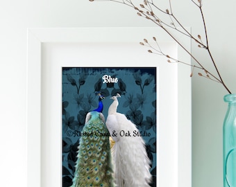 White Peacock Blue Peacock Bird Pair Home Decor Wall Art Digital Download  A732