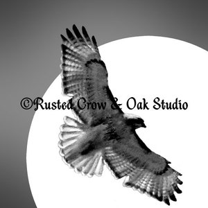 May include: A black and white photograph of a hawk flying in front of a white circle. The text "Rusted Crow & Oak Studio" is in the lower right corner of the image.