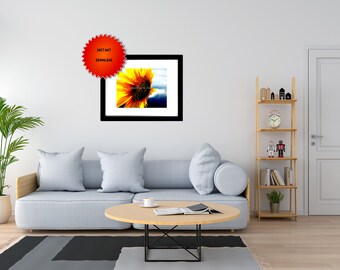 Fiore contemporaneo del girasole giallo su Windy Blue Sky Navy Digital Scarica A609