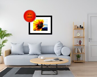 Contemporary Yellow Sunflower flower on Windy Blue Sky Navy Digital Download A609