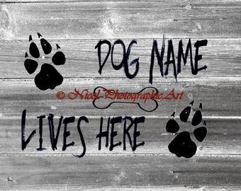 PERSONALIZED Dog Lives Here Puppy Home Decor Dog Lover Print Matted Picture A765 black white grey paw bone