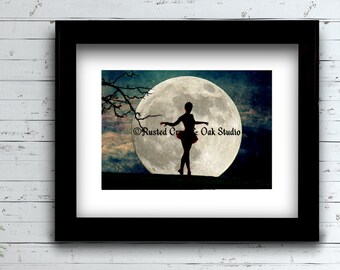 Ballerina Moon Teal Night Tree Modern Dance Art Girls Room Picture Photograph A615